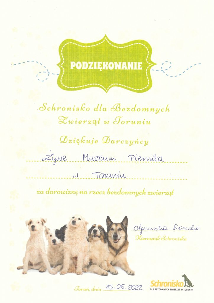 Podziękowania dla Żywego Muzeum Piernika - Schronisko dla bezdomnych zwierząt w Toruniu